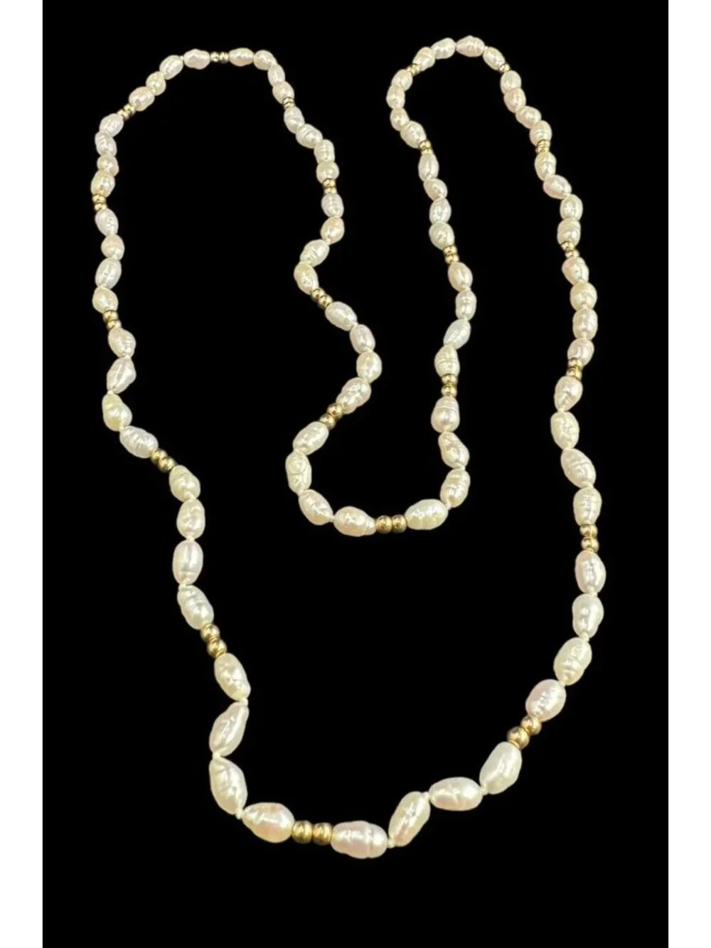 Necklace 10k Yellow Gold Beads And Rice Pearl Vintage 30 Inches Long